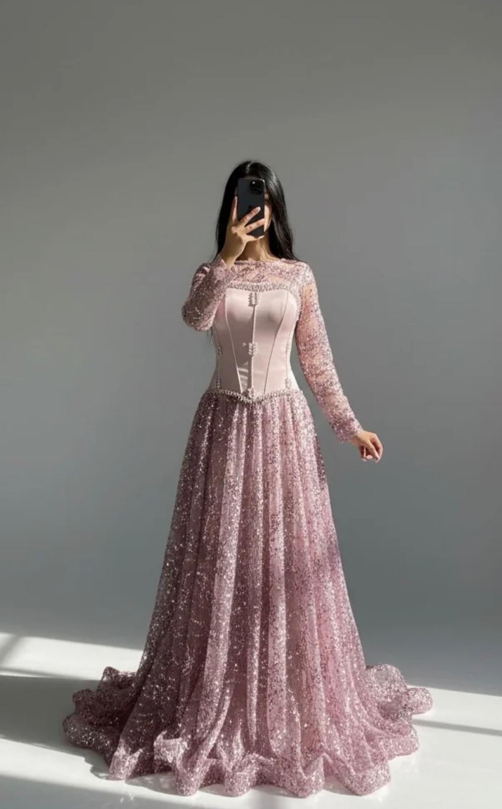 Blush & Pearlescent White Tiered Gown