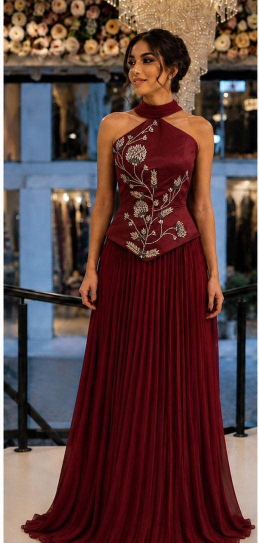Burgundy Crystal Botanical Gown