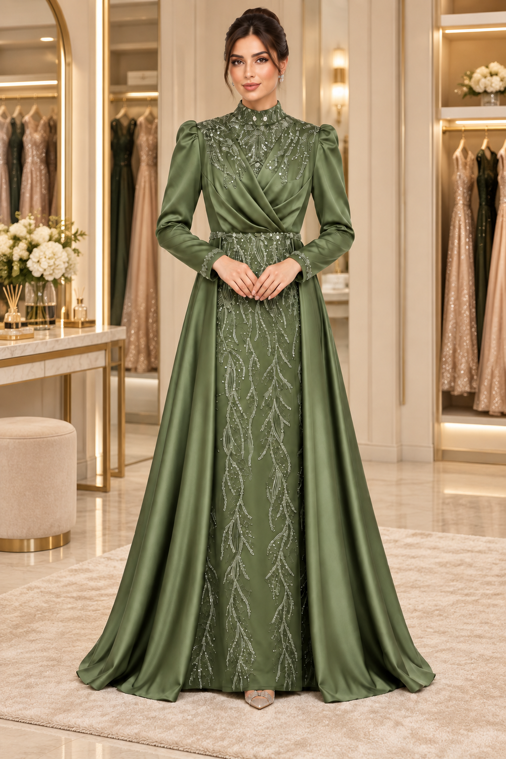 Olive Grove Matte Satin Column Gown