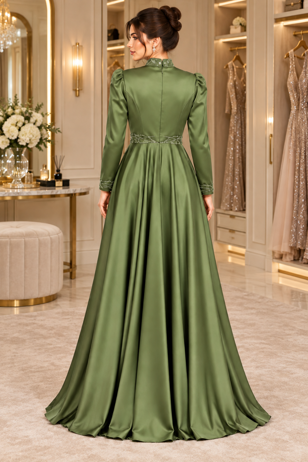 Olive Grove Matte Satin Column Gown