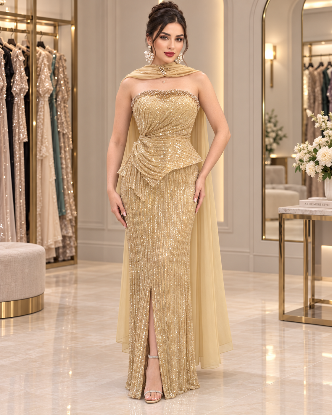 Champagne Gilt Open-Back Evening Gown