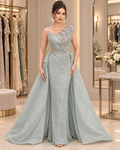 Platinum Mist Plunge Open-Back Gown