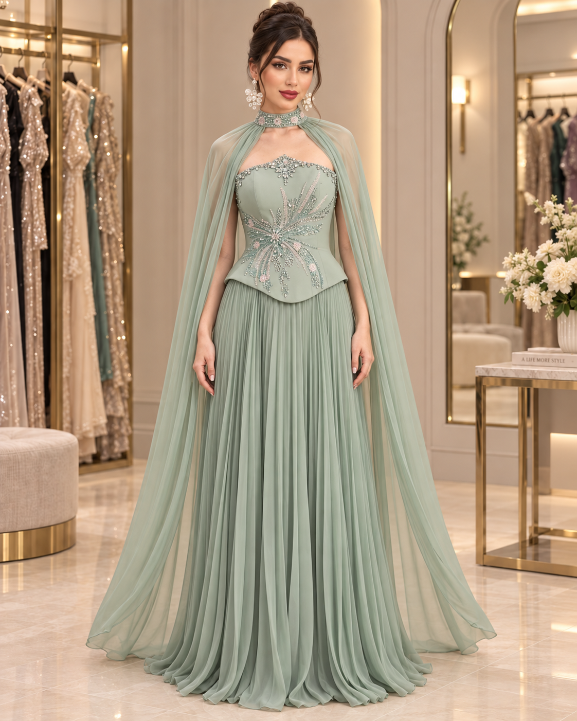 Silver Mink High-Neck Conservative Gown