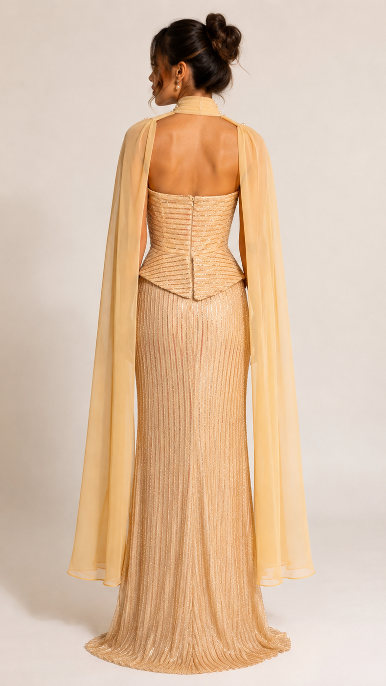 Gilded Sand Metallic Evening Gown