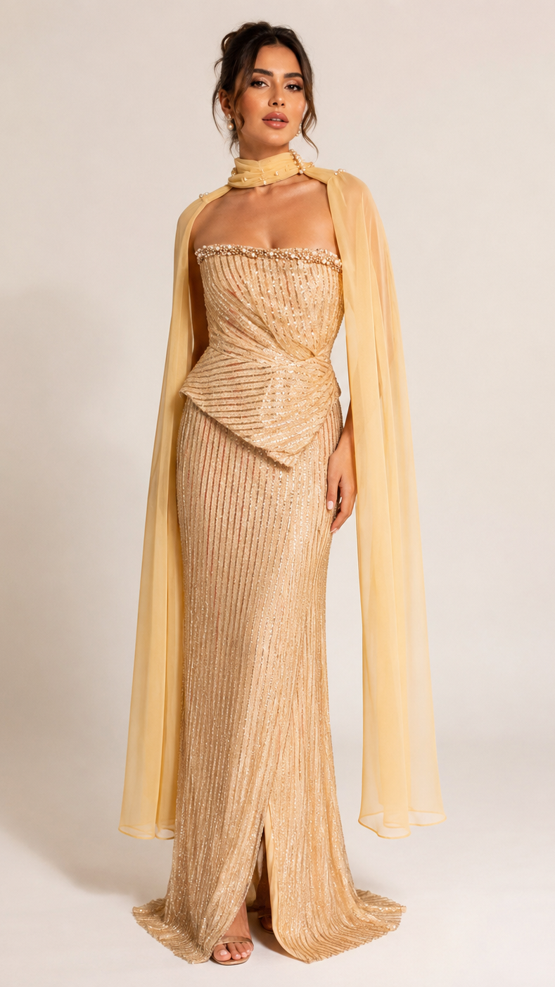 Gilded Sand Metallic Evening Gown